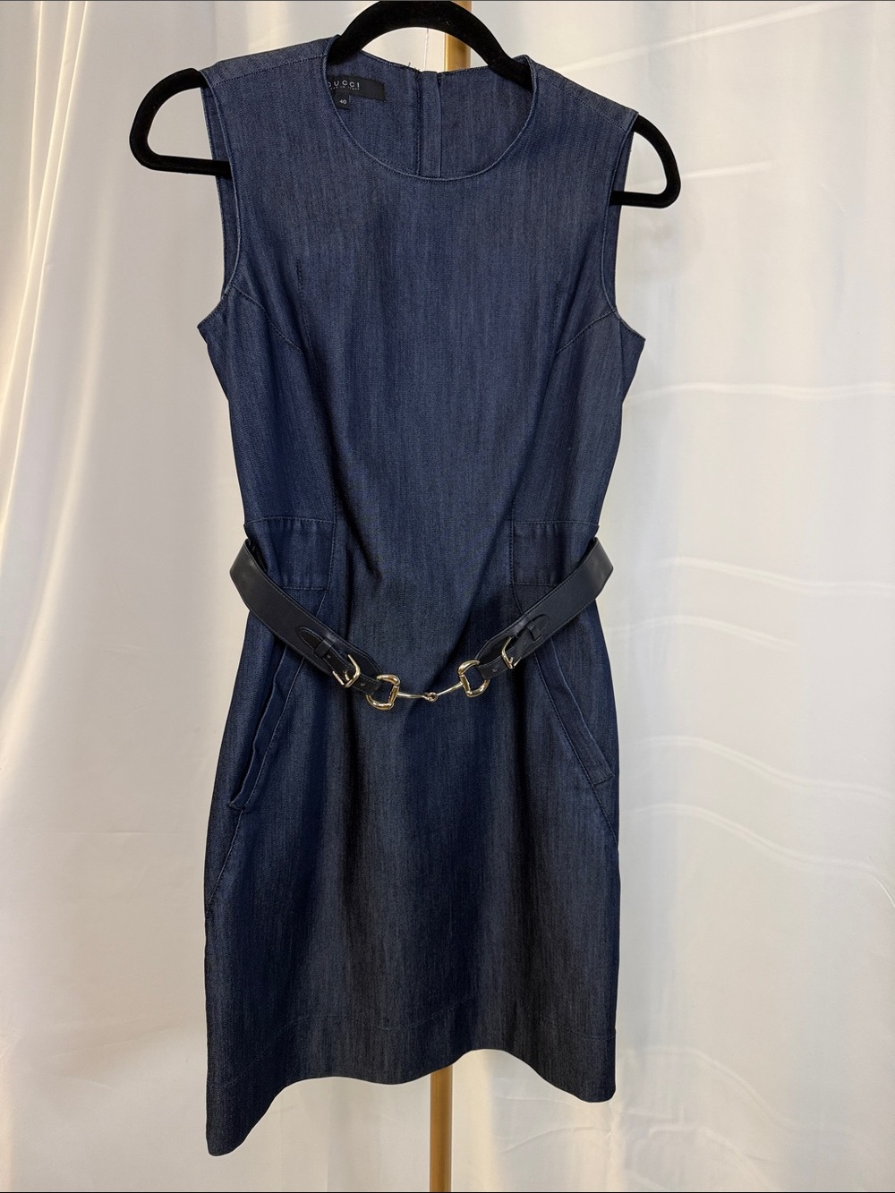 Gucci Dark Navy Sleeveless Denim Dress with Black Leather Belt